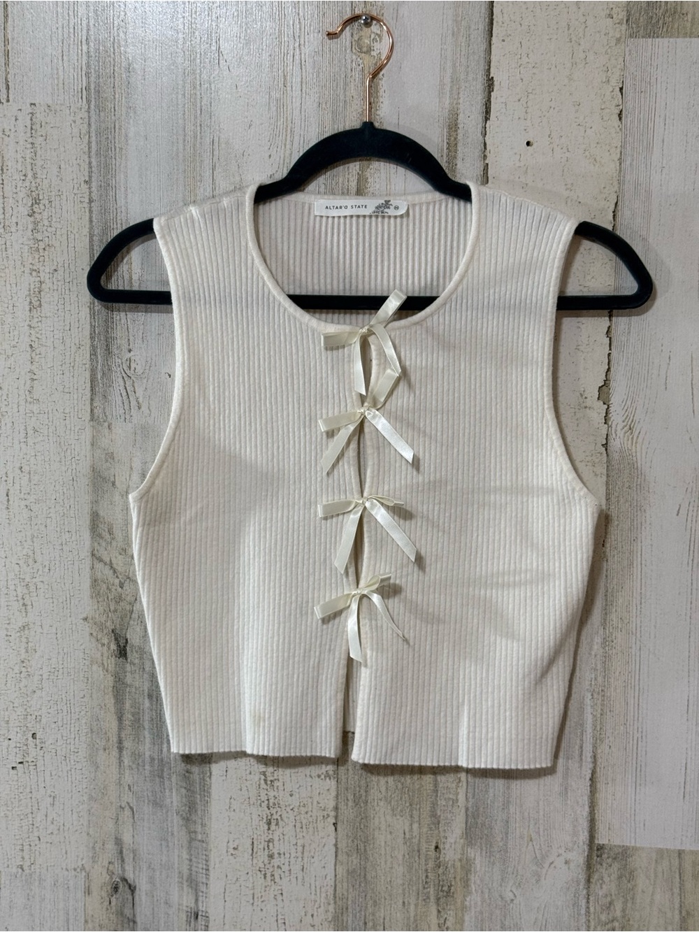 Altar'd State Ivory Ribbed Tank with Front Bow Ties